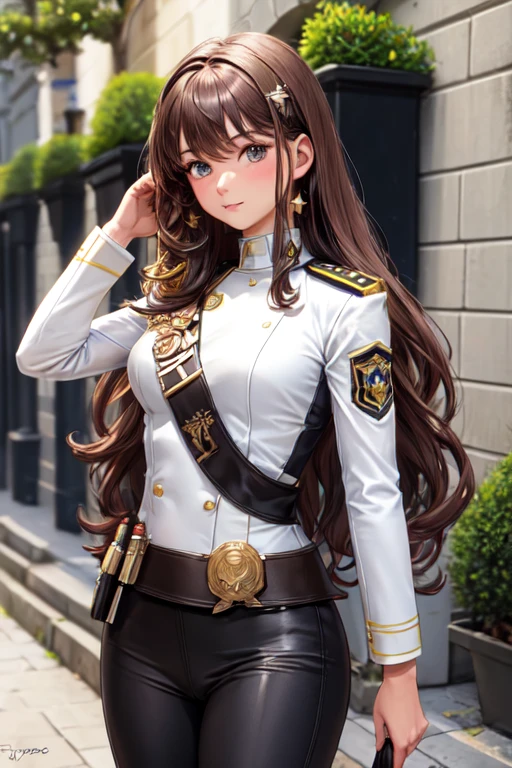 ((Best quality)), (detailed), visage parfait, long curly brown hair, yeux marrons, outfit of an officer of the empire in star wars dark gray, jeune femme, 19 ans, poitrine ferme et de taille moyenne, visage assez fin , fines, slightly muscular, a little tanned a little mixed race,