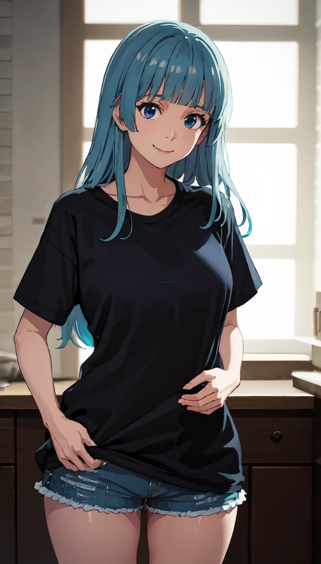 photorealistic, (4k), depth of field, (Masterpiece), (realistic skin texture), extremely detailed, intricate, hyper detailed, professional photography, bokeh, high resolution, sharp detail, best quality, girl, long hair, aqua hair, blunt bangs, blue eyes, dynamic pose, black baggy graphic tshirt, dolfine shorts, booty shorts, beautiful thighs, colarbone, indoors, (facing viewer), looking at viewers, large breasts,kasumi, miwa, kasumi miwa, hands on hips leaning forward, downblouse, mouth slightly open, smiling, hourglass shape, black shirt