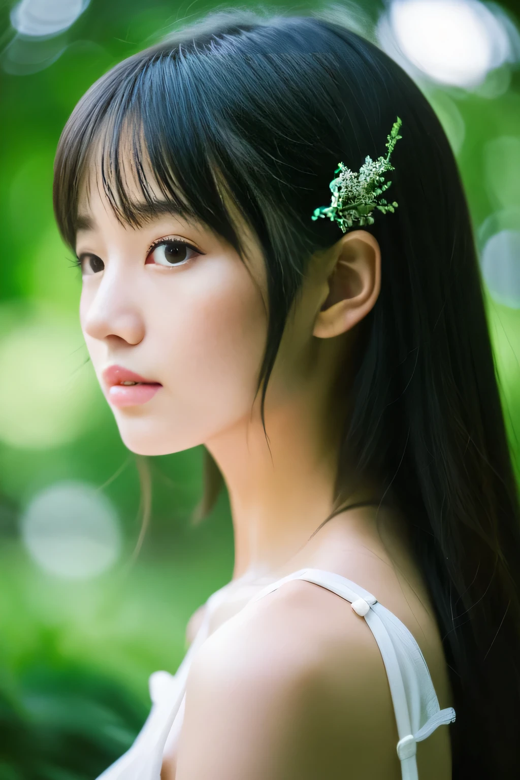 (masterpiece、high resolution、high quality)、(Mysterious sight、nature's hymn、In the woods、Majestic Mountain)、woman、Modeled、Beauty、perfection、Black hair swaying in the wind、transparent silk garment、sun、wild bird、