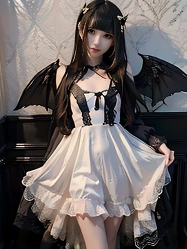 8k, RAW Photos, Realistic, (Detailed skin, highest quality:1.2), Seductive Succubus, (Black wings), With black angel wings、Japanese girl flying high in the evening sky, ((Black evening dress, Black lace dress, Long dress)), (((Flat Chest:1.4))), (Light blonde hair, Straight long hair, Blunt bangs), (Beautiful face, Pale skin), A translucent black cloth is wrapped around the body., Thighs, Sunset sky high, Sunset Light