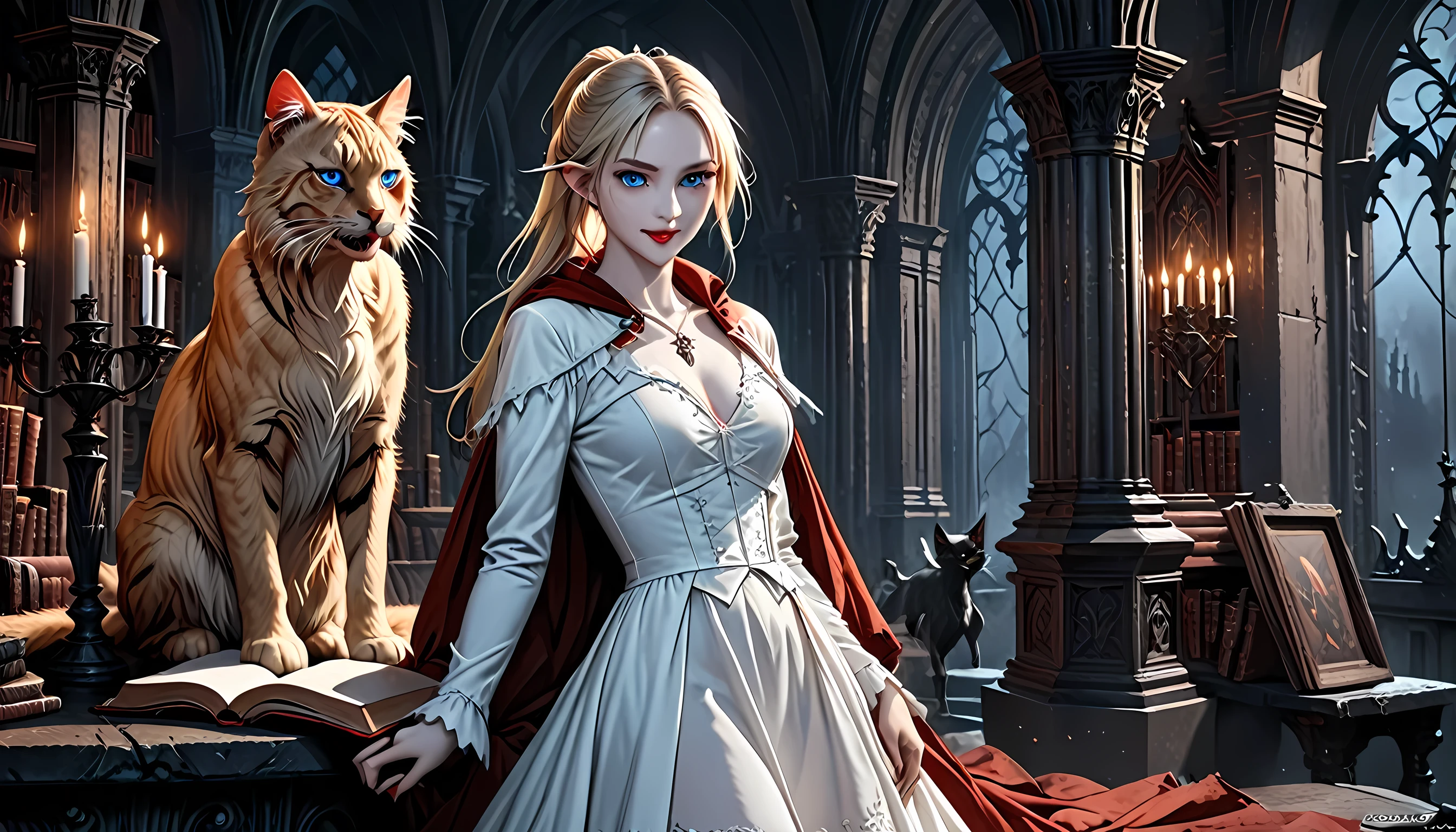 arafed a picture of elf vampire in her castle and her pet epic cat an exquisite beautiful female elf vampire (ultra details, Masterpiece, best quality), bloody mouth blond hair, pale skin, hair in a ponytail, long hair, blue eyes, cold eyes, smirking, wearing white dress (ultra details, Masterpiece, best quality), red cloak, in dark fantasy library, with an ((big cat: 1.3)) (ultra details, Masterpiece, best quality: 1.5) book shelves, arafed high details, best quality, 16k, [ultra detailed], masterpiece, best quality, (ultra detailed), full body, ultra wide shot, photorealism, RAW, dark fantasy art, gothic art, ArmoredDress, Dark Novel, Dark Art Painting Style, Bloodborne