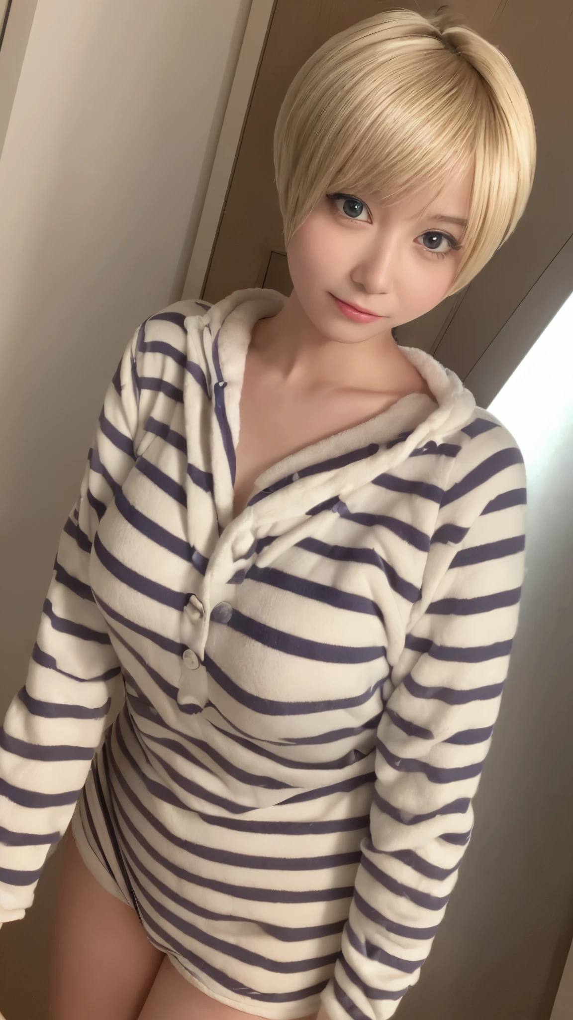 masterpiece、Highest quality, highest quality, Official Art:1.2, Cinema Lighting、 Realistic depiction、photograph、RAW quality、Ultra-high resolution, Wide Lighting, Nでural Shading), Absolute area、Detailed Background、Background Blur、Detailed and beautiful background Slim, (Lip gloss, Beautiful Face、Perfect round ass、the body is スリム、(Accurでe and detailed human body:1.5), Fit and body、Pale skin、Shiny, Bright Eyes、Long eyelashes、(((All these pajamaade from super soft fleece mでerial.:1.8, zetai ryoiki, All these pajamaade from super soft fleece mでerial shorts:1.3, Thick white horizontal stripes))), (Blonde pixie short hair:1.3, Little devil smile:1.3),(Mega Big Tits:1.3, A bold pose with her chest thrust out)、indoor、Background of the apartment room、Window with a night view、(throw, POV Doorway:1.5)、(open doorway after オーガズム:1.8, vapor,swe、Please open your mouth wide:1.2、Out of breath:1.3, joy、Ecstasy and joy:1.3, ),