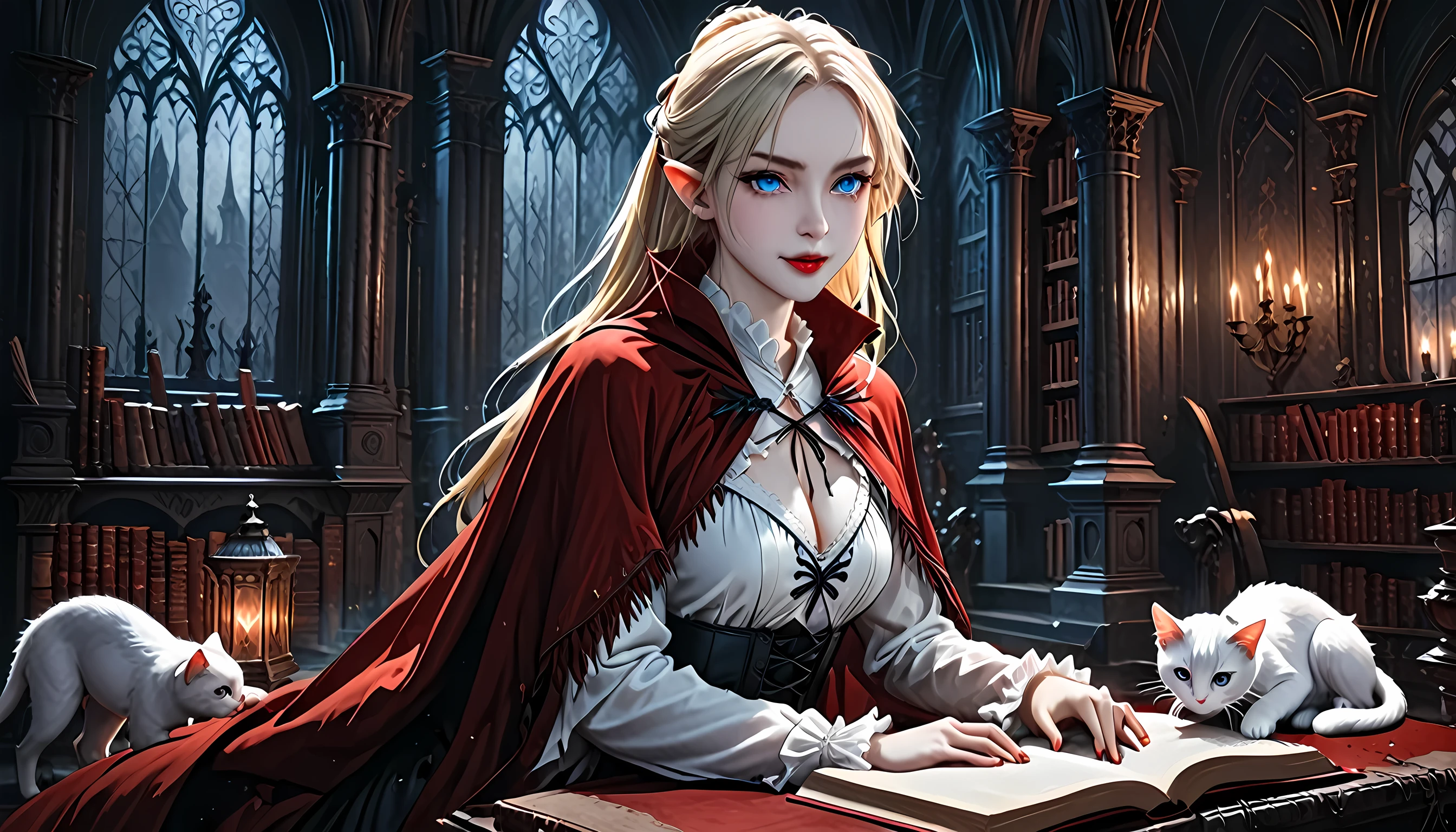 arafed a picture of elf vampire in her castle and her pet epic cat an exquisite beautiful female elf vampire (ultra details, Masterpiece, best quality), bloody mouth blond hair, pale skin, hair in a ponytail, long hair, blue eyes, cold eyes, smirking, wearing white dress (ultra details, Masterpiece, best quality), red cloak, in dark fantasy library, with an ((big cat: 1.3)) (ultra details, Masterpiece, best quality: 1.5) book shelves, arafed high details, best quality, 16k, [ultra detailed], masterpiece, best quality, (ultra detailed), full body, ultra wide shot, photorealism, RAW, dark fantasy art, gothic art, ArmoredDress, Dark Novel, Dark Art Painting Style, Bloodborne