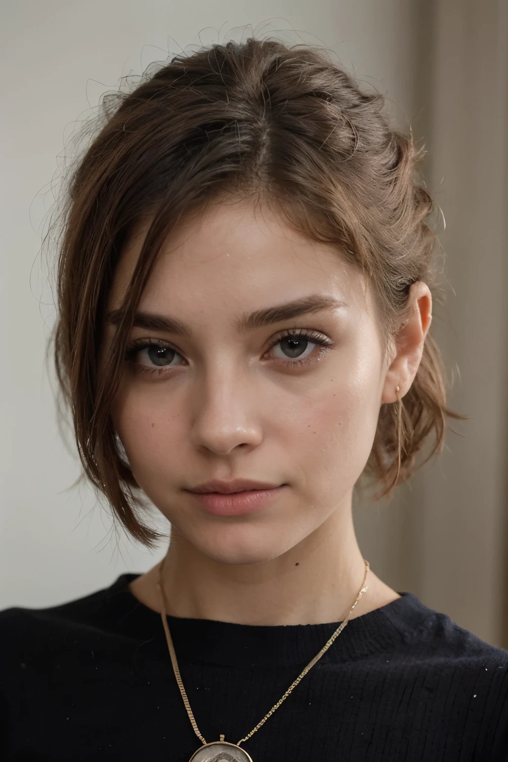 ((melhor qualidade)), ((Obra de arte)), (detalhado), rosto perfeito ((cabelos castanhos longos e ondulados)). Your eyes are an intense blue, com nuances esverdeadas. Young girl of 19 years (( roupas de frio))