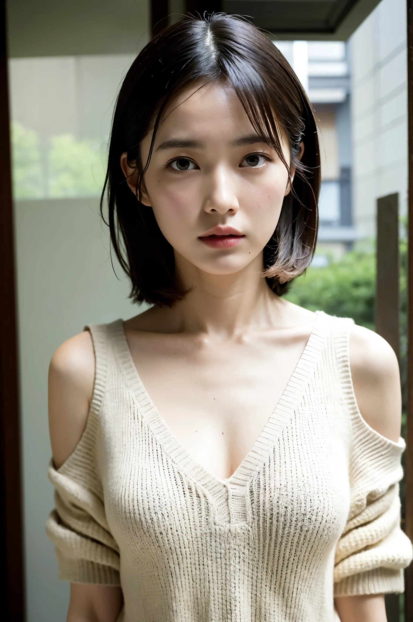 Sheath Router Toe Neck Summer Knitwear、Ridiculously large bust、firm chest、stick out your butt、roof of the building、