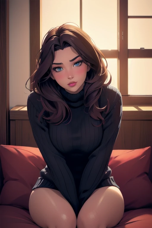 Sexy woman, perfect hair, amazing makeup, seductive gaze, blushing intensely, ready to kiss, long oversized sweater, sitting comfortably on couch, window, natural light beaming through window, beautiful face, seductively gazing at us, very seductively provocative