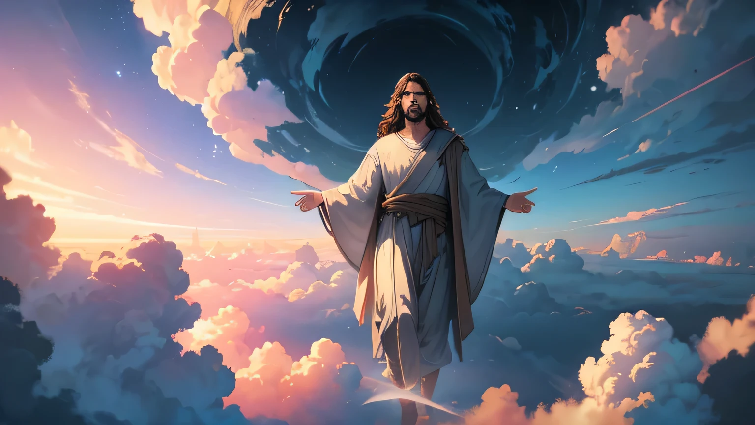 a man ascending into clouds, Jesus Christ, divine power, clouds parting, glowing light, ethereal atmosphere, dramatic lighting, detailed heavenly scene, cinematic composition, digital painting, vibrant colors, photorealistic, intricate details, masterpiece, 8k, high resolution