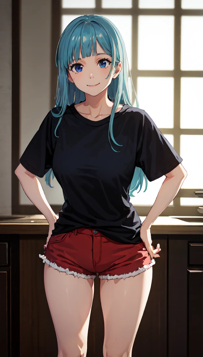 photorealistic, (4k), depth of field, (Masterpiece), (realistic skin texture), extremely detailed, intricate, hyper detailed, professional photography, bokeh, high resolution, sharp detail, best quality, girl, long hair, aqua hair, blunt bangs, blue eyes, dynamic pose, black baggy graphic tshirt, dolfine shorts, booty shorts, beautiful thighs, colarbone, indoors, (facing viewer), looking at viewers, large breasts,kasumi, miwa, kasumi miwa, hands on hips leaning forward, downblouse, mouth slightly open, smiling, hourglass shape, black shirt, 3\4 body shot