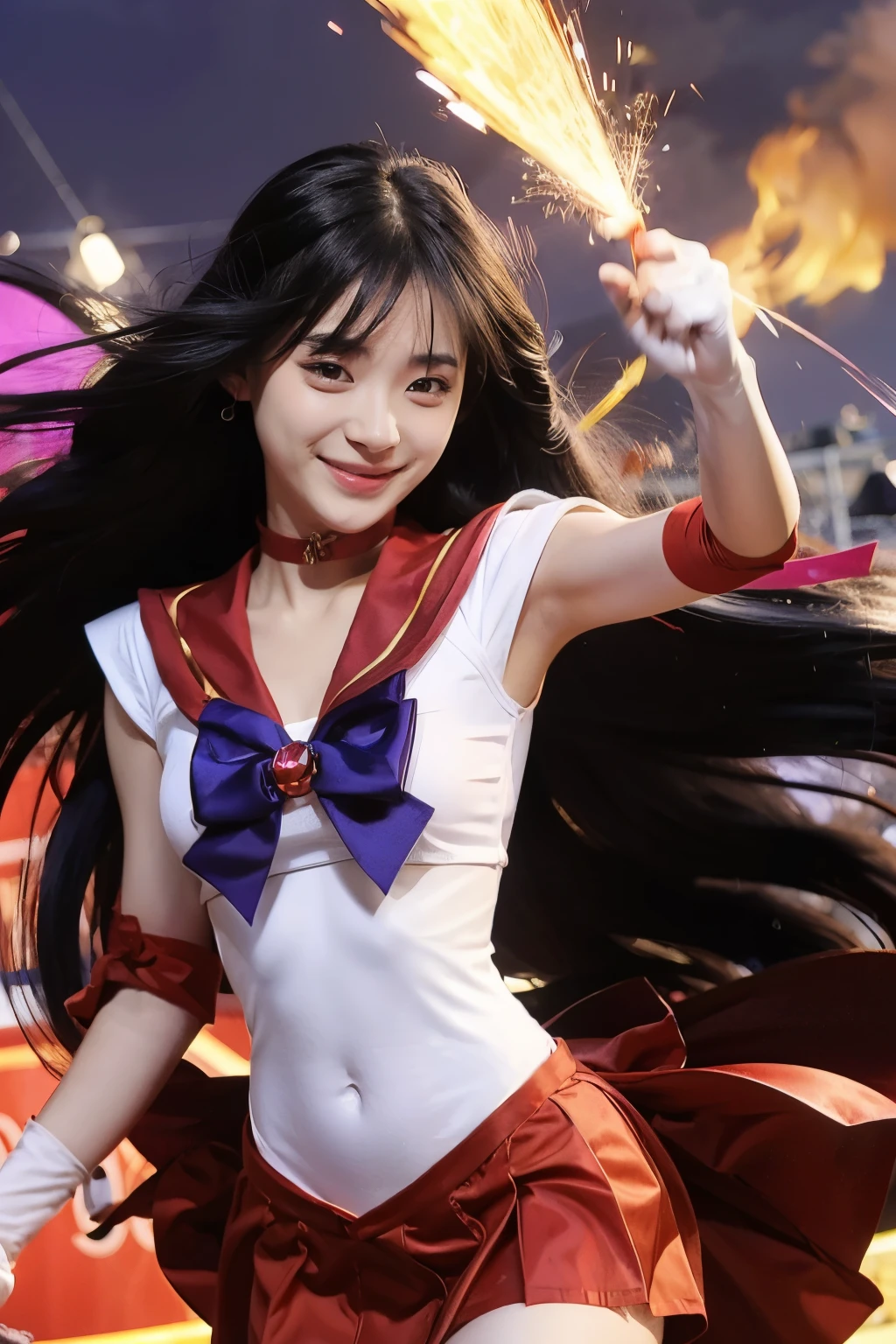 sailor mars,long black hair, purple eyes, gold ring, choker, Purple Bow, white elbow bag, Red sailor warrior outfit, red skirt, elbow bag, looking at the audience, severe, smile, Medium shot, Hold fire spell, spark, outside, ordinary, sky, High quality, Masterpiece, 