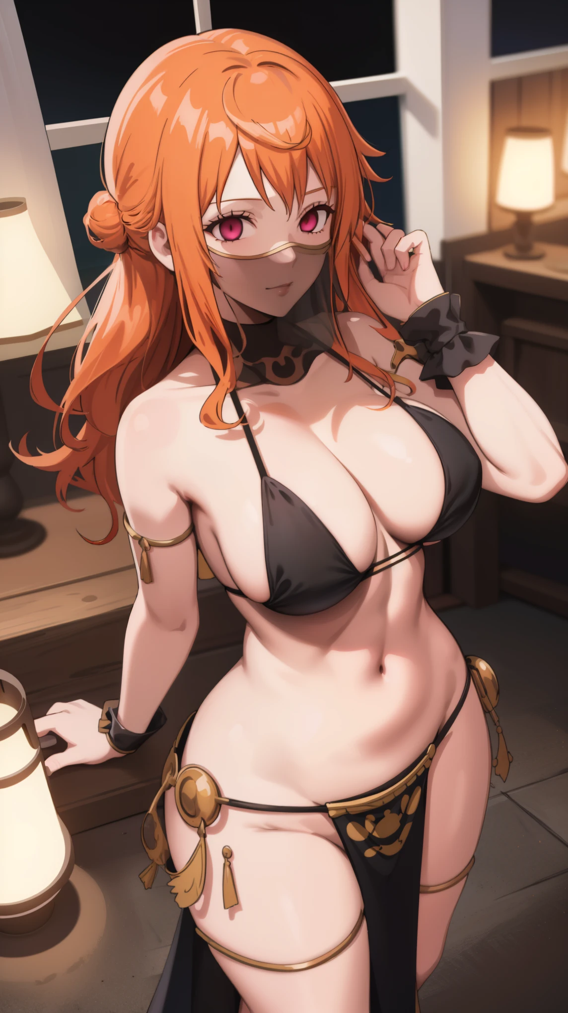 1 girl,NsfW, dnc_glam, mouth veil , wearing belly dancer costumes,Lewd Dancer, Black costume,((Evil costume)),Nami,(ONEPIECE),Orange Hair,((Huge breasts 1.8)), clavicle, Glowing purple eyes,Absurd, brainwashing,Hollow Eyes, ((Expressionless, Emotional removal)),avert your eyes , Full body portrait, Outdoor,Dim Alley,night, (highest quality、4K、8k、High resolution、Must have:1.2)、Very detailed、(reality、reality的なです、reality的な:1.37)、Ticker、Hyper HD、Studio Lighting、Ultra High Definition Paint、Sharp focus、Physically Based Rendering、Extreme Detail、Professional specifications、Vibrancy and color、Blurred、Sports portrait、landscape、Horror Style、Anime Big Tits、sf、photograph、Concept Artist、Five Fingers, Perfect body,  {{{masterpiece}}}, {{{highest quality}}}, {{Very detailed}}, {shape}, {{Very delicate and beautiful}},Improved cost performance、All Roles、Canon 5D MK4でphotograph、photograph, 