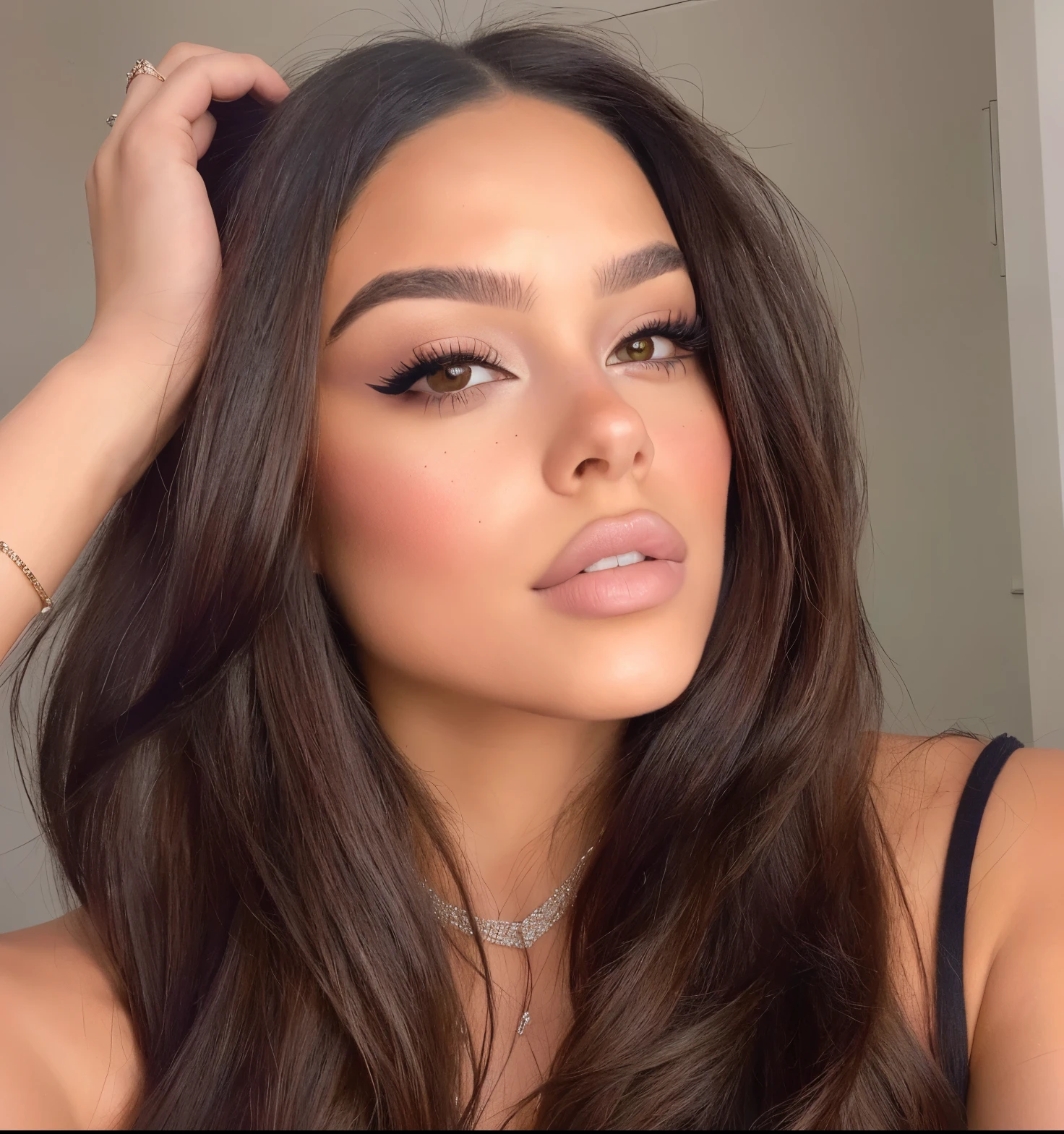un primer plano de una mujer con cabello largo y un collar, cerveza madison, cara sexy con maquillaje completo, hermosa cara latina, cerveza madison girl portrait, charli bowater, mirada sensual, soft devil queen cerveza madison, cindy avelino, retrato de demi rosa, violeta myers, cabello oscuro y maquillaje, clear retrato de demi rosa, chloe bennet, retrato de media rosa