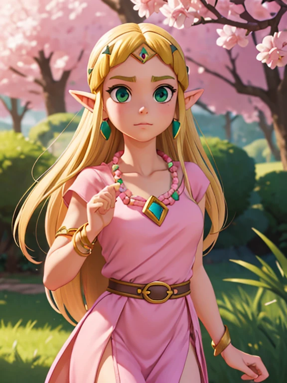 princesszelda, princess zelda, blonde hair, (green eyes:1.5), pointy ears, long hair, parted bangs,
BREAK bead necklace, beads, belt, bracer, cape, circlet, collarbone, dress, earrings, jewelry, necklace, triforce, triforce earrings, v-shaped eyebrows,  (pink dress:1.5),
BREAK looking at viewer, full body,
BREAK outdoors,
BREAK (masterpiece:1.2), best quality, high resolution, unity 8k wallpaper, (illustration:0.8), (beautiful detailed eyes:1.6), extremely detailed face, perfect lighting, extremely detailed CG, (perfect hands, perfect anatomy),