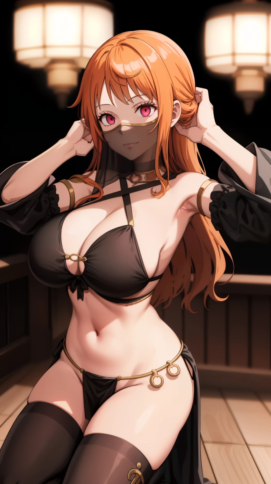 1 girl,NsfW, dnc_glam, mouth veil , wearing belly dancer costumes,Lewd Dancer, Black costume,((Evil costume)),Nami,(ONEPIECE),Orange Hair,((Huge breasts 1.8)), clavicle, Glowing purple eyes,Absurd, brainwashing,Hollow Eyes, ((Expressionless, Emotional removal)),avert your eyes , Full body portrait, Outdoor,Dim Alley,night, (highest quality、4K、8k、High resolution、Must have:1.2)、Very detailed、(reality、reality的なです、reality的な:1.37)、Ticker、Hyper HD、Studio Lighting、Ultra High Definition Paint、Sharp focus、Physically Based Rendering、Extreme Detail、Professional specifications、Vibrancy and color、Blurred、Sports portrait、landscape、Horror Style、Anime Big Tits、sf、photograph、Concept Artist、Five Fingers, Perfect body,  {{{masterpiece}}}, {{{highest quality}}}, {{Very detailed}}, {shape}, {{Very delicate and beautiful}},Improved cost performance、All Roles、Canon 5D MK4でphotograph、photograph, 