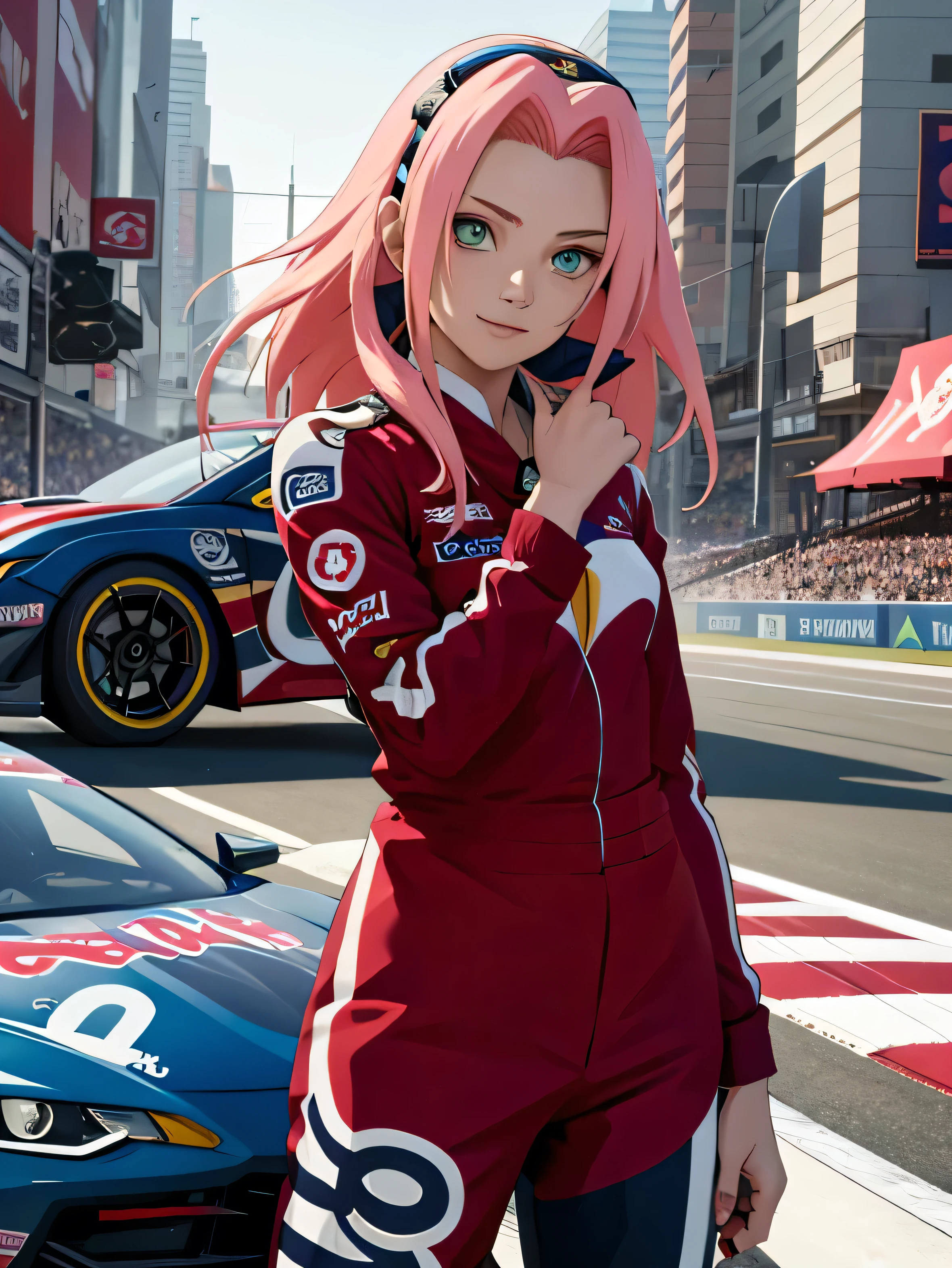 obra maestra， La mejor calidad en el mejor de los casos.， 1 chica， sakura haruno，criado sexy，Is shy，smile，con cabello rosado， pelo largo y blanco， （Globos oculares verdes:1.4)， forehead protection, pole position, parado al lado del auto, estilo animado, colores brillantes, dynamic lighting, acabado brillante, attention to details, toro rojo chevrolet camaro coche, vistiendo un traje de piloto de carreras Red Bull, Exciting atmosphere, Vivid expressions