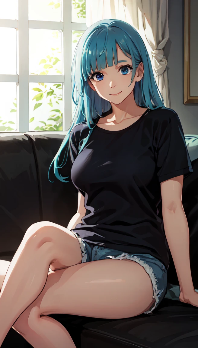 photorealistic, (4k), depth of field, (Masterpiece), (realistic skin texture), extremely detailed, intricate, hyper detailed, professional photography, bokeh, high resolution, sharp detail, best quality, girl, long hair, aqua hair, blunt bangs, blue eyes, dynamic pose, black baggy graphic tshirt, dolfine shorts, booty shorts, beautiful thighs, colarbone, indoors, (facing viewer), looking at viewers, large breasts,kasumi, miwa, kasumi miwa, downblouse, mouth slightly open, smiling, hourglass shape, black shirt, 3\4 body shot, sitting cross legged on couch, legs crossed, 