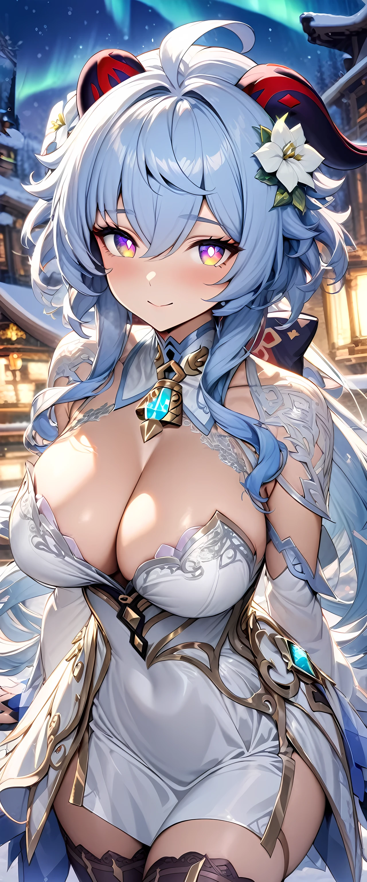 (masterpiece), best quality, expressive eyes, perfect face,1girl,ganyu,genshin impact,((light blue and white intricate luxury dress:1.5)),big breasts,(hair flower),winter,,dutch angle,(thighigh boots),light blue hair,cleavage,looking at viewer,smiles, eyeshadows, eye liner,glistening eyes, hyper detailed eyes, intricate eyes, beautiful eye, ((glowing purple pupils))、smilling face,standing,seductive pose,garterbelt,aurora borelis,cowboy shot,snow background