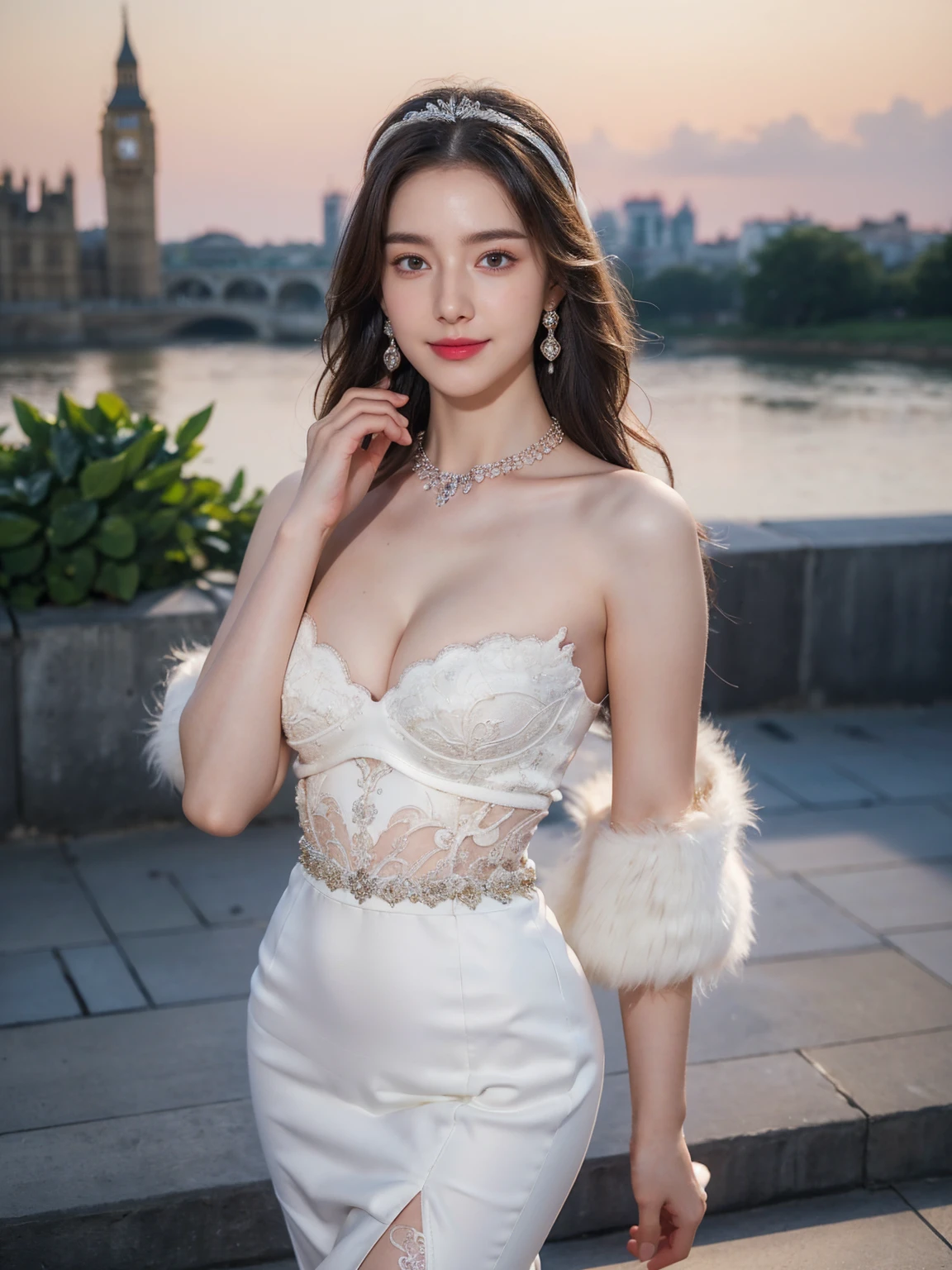 (Canon RF85mm f/1.2), (8k, RAW photos, best quality, masterpiece), (realistic, photograph realistic), masterpiece, best quality, High detail, Best image quality, super detailed, high resolution, Very detailed, Best quality, Extreme detail description, hyperdetailed painting, (An extremely delicate and beautiful work), ((standing)), Beautiful detailed girl, Very detailed eyes and face, (Beautiful detailed eyes, masterpiece, fair skin, hazy beauty, very detailed facial, detailed skin structure, perfect , ((perfect figure)), Beautiful detailed whole body, delicate face, exquisite body, fine collar bone, lovely lips, Behind the softness, adorable, ((slim waist)), (, Bulging , crisp ), ((cleavage)), (smile:1.2), (seductive look, soulful eyes, clear eyes), (bangs hair), ((Enchanted expression)), (charming appearance), ((An extremely detailed and elegant British royal dress:1.3)), ((white fur coat, high heel)), (head gear, necklace, earrings), ((view over city)), ((midnight:1.2)), physically-based rendering, (((full body:1.3))), ((looking at viewer:1.3)), ((standing))