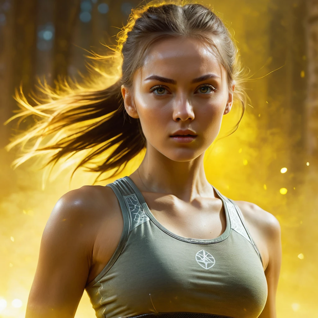A handsome Russian girl, sharp eyes, clear facial features, wearing top tank, combat posture, martial arts movements, body surrounded by yellow mist, runes around, holographic reality, holographic halo, motion blur, game light effects, edge light, soft light, movie edge light, delicate light, masterpiece, super detailed, epic composition, super HD, high quality, highest quality, 32k