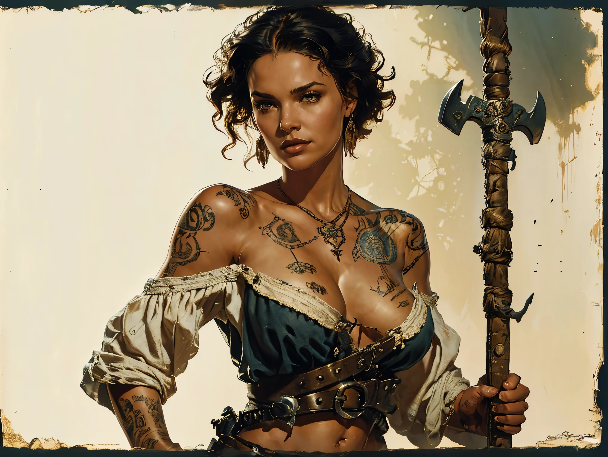 a female pirate from the early 18th century in ragged off-the-shoulder clothes, a treasure map depicting a route ending at an x-sign is tattooed on her back, she has short hair, Dungeons and Dragons 5th edition style illustration, cinematic, fantasy painting, highly detailed, black outlining, full color illustration, in the style of BORIS VALLEJO & JULIE BELL