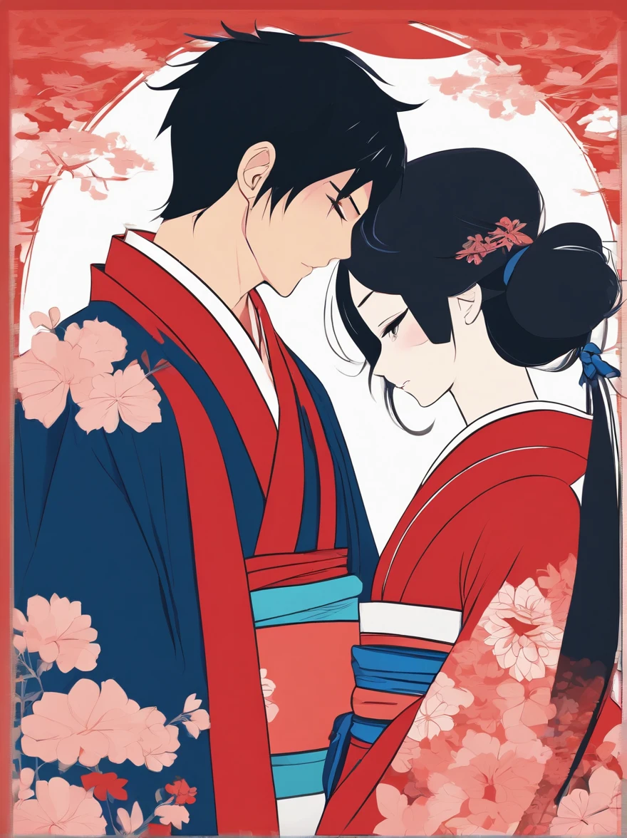 A cute anime couple, Anime art, ((1 girl)) black hair, red eyes, red kimono, ((1 boy)) brown hair, blue halo on top of the head, deepblue suit, face to face, looking at each other.