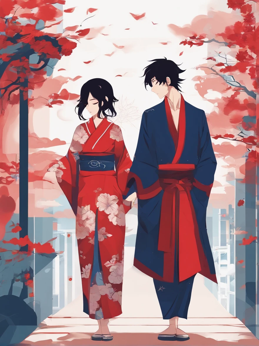 A cute anime couple, Anime art, ((1 girl)) black hair, red eyes, red kimono, ((1 boy)) brown hair, blue halo on top of the head, deepblue suit, face to face, looking at each other.