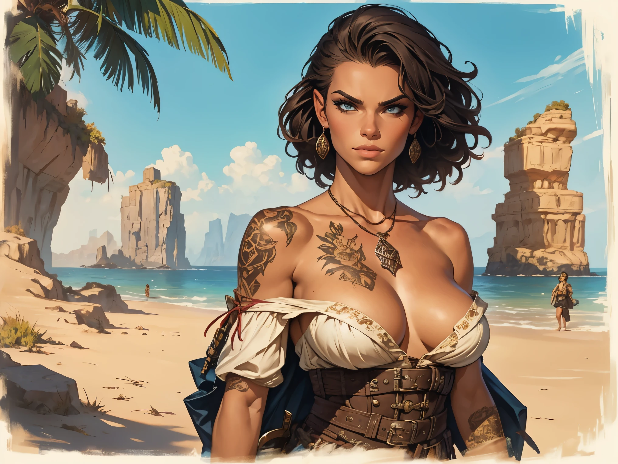 a female pirate from the early 18th century in ragged off-the-shoulder clothes, a treasure map depicting a route ending at an x-sign is tattooed on her back, she has short hair, Dungeons and Dragons 5th edition style illustration, cinematic, fantasy painting, highly detailed, black outlining, full color illustration, in the style of BORIS VALLEJO & JULIE BELL
