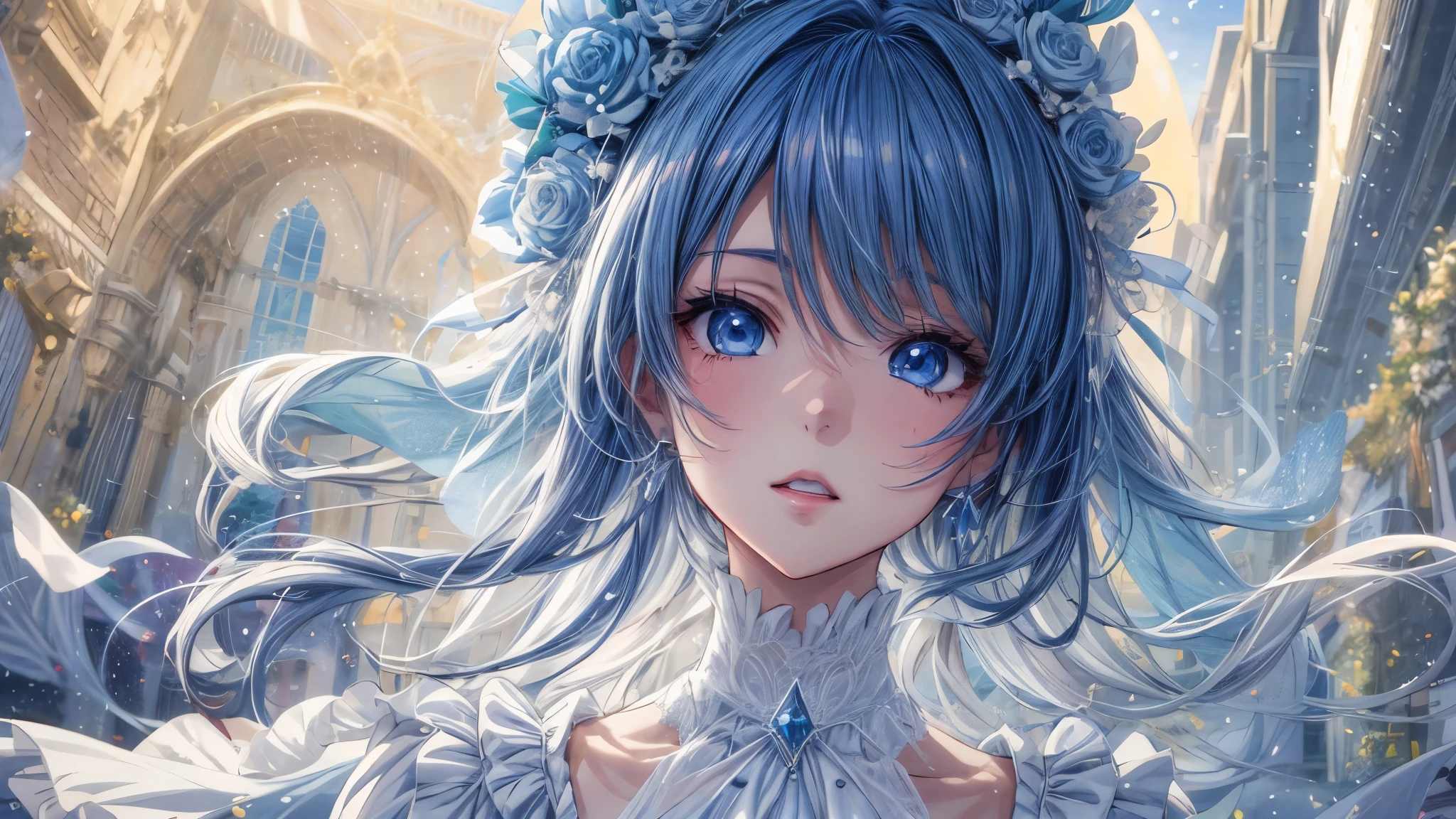 Chica anime con ojos azules y vestido blanco sosteniendo un cristal azul., arte de anime digital detallado, estilo anime 4k, Fondo de pantalla de arte anime 4K, Fondo de pantalla de arte anime 4k, arte de anime detallado, fondo de pantalla de arte anime 8 k, hermoso retrato animado, arte de anime detalladowork, hermoso arte animework, hermoso arte anime, retrato detallado de chica anime, Fondo de pantalla animado 4K