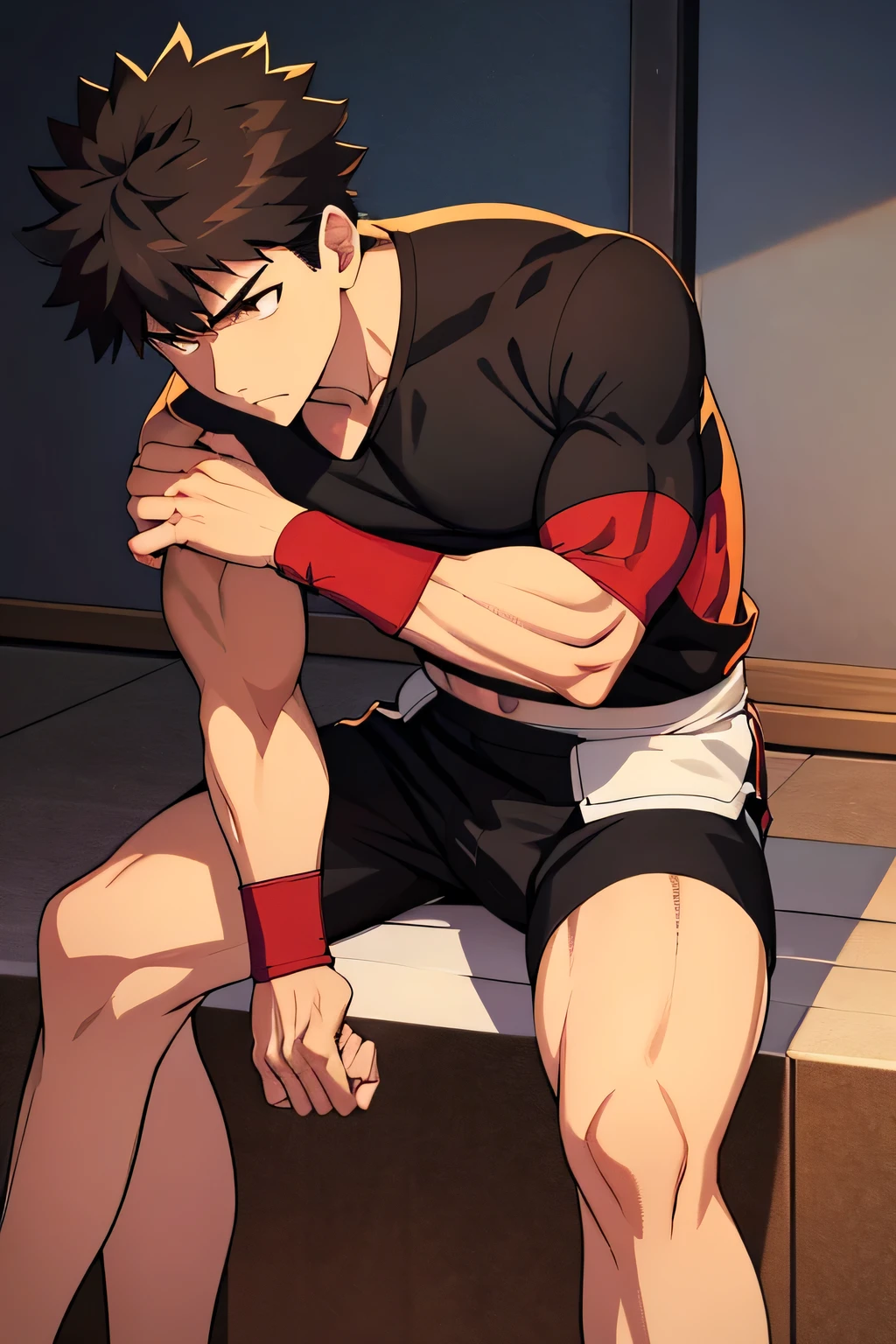 Shirou is sitting and flexing his biceps. He wears black shorts. You can see his thighs. He looks stoic and serious. He has bulging veins on his arms. He wears a black tshirt with short sleeves. His sleeve is completely rolled up so you can see his entire arm and shoulder. He is showing his abs too