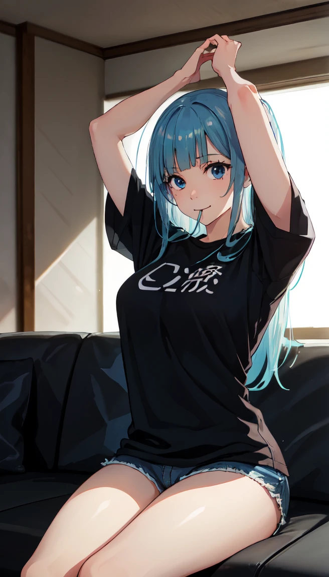 photorealistic, (4k), depth of field, (Masterpiece), (realistic skin texture), extremely detailed, intricate, hyper detailed, professional photography, bokeh, high resolution, sharp detail, best quality, girl, long hair, aqua hair, blunt bangs, blue eyes, dynamic pose, black baggy graphic tshirt, dolfine shorts, booty shorts, beautiful thighs, colarbone, indoors, (facing viewer), looking at viewers, large breasts,kasumi, miwa, kasumi miwa, downblouse, mouth slightly open, smiling, hourglass shape, black shirt, 3\4 body shot, sitting cross legged on couch, legs crossed, arms up, hands on haed