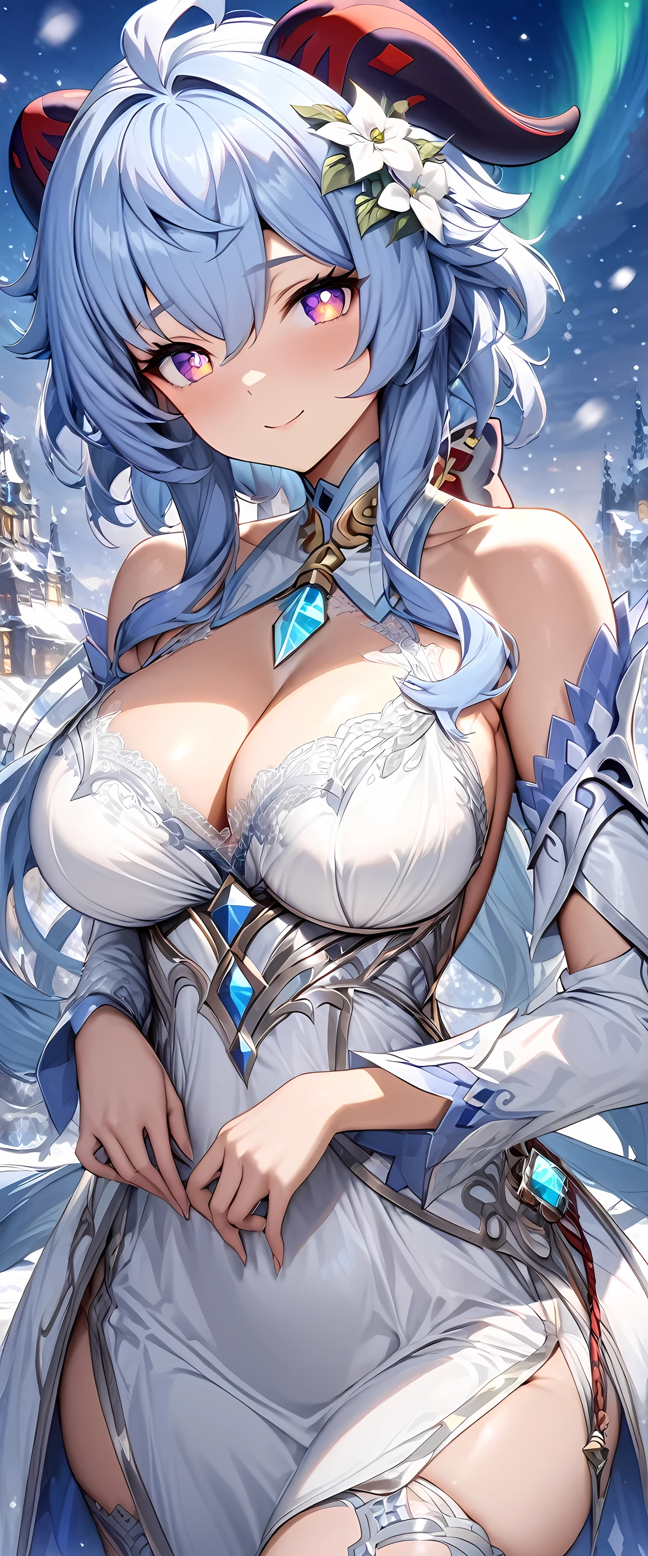 (masterpiece), best quality, expressive eyes, perfect face,1girl,ganyu,genshin impact,((light blue and white intricate luxury dress:1.5)),big breasts,(hair flower),winter,,dutch angle,(thighigh boots),light blue hair,cleavage,looking at viewer,smiles, eyeshadows, eye liner,glistening eyes, hyper detailed eyes, intricate eyes, beautiful eye, ((glowing purple pupils))、smilling face,standing,seductive pose,garterbelt,aurora borelis,cowboy shot,snow background