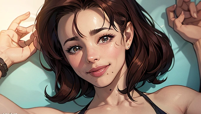 Estilo J. Scott Campbell Rachel McAdams sheet sorriso feliz Personagem Lara croft imagem de corpo inteiro desenho animado de uma mulher .cartoon style illustration, estilo de arte dos desenhos animados, estilo de arte dos desenhos animados, digital illustration style, design de personagens altamente detalhado, arte digital detalhada fofa, City fan art, Design de personagens de retrato, beautiful digital illustration, retrato de alta qualidade, Arte em quadrinhos, mulher jovem. expression of sexual desire a woman in a bikini and
