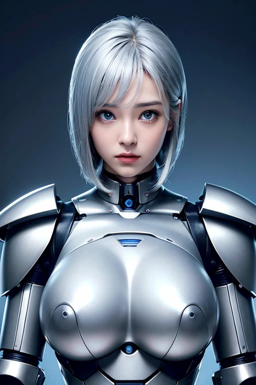 (highest quality、masterpiece)40-year-old Japanese woman transforms into a robot、Silver hair short bob、Mechanical Parts Ear、Blue Eyes、Silver metallic robot body、Big Tits Glamorous、Expressionless、Robot Joints、Robot facial expressions、robot pose、Sexy Robot、Mature Robot、The background is a robot expo.