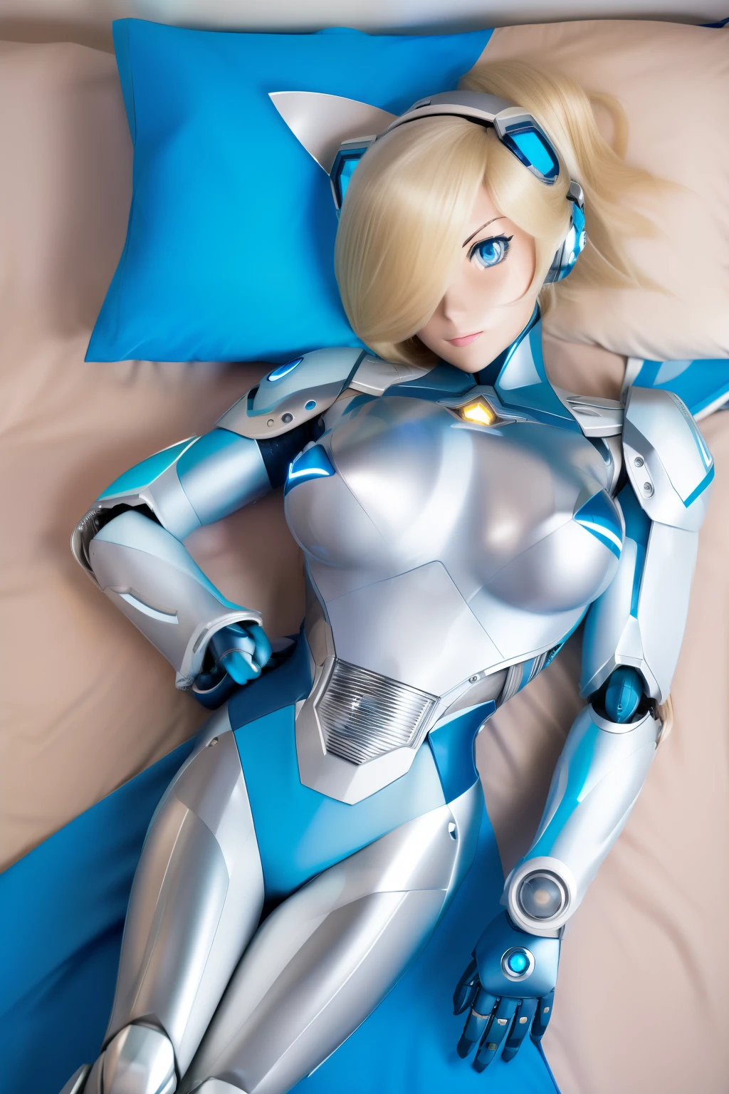 ultra detailed of a woman cyborg, 1girl, (natural skin texture, realistic eye details:1.2) rosalina, animatronic, alone, breasts, blue eyes, blonde hair, reploid, long hair, robot ears, laid on bed, dakimakura, artwork, high quality, hypnotized, ahegao, nsfw