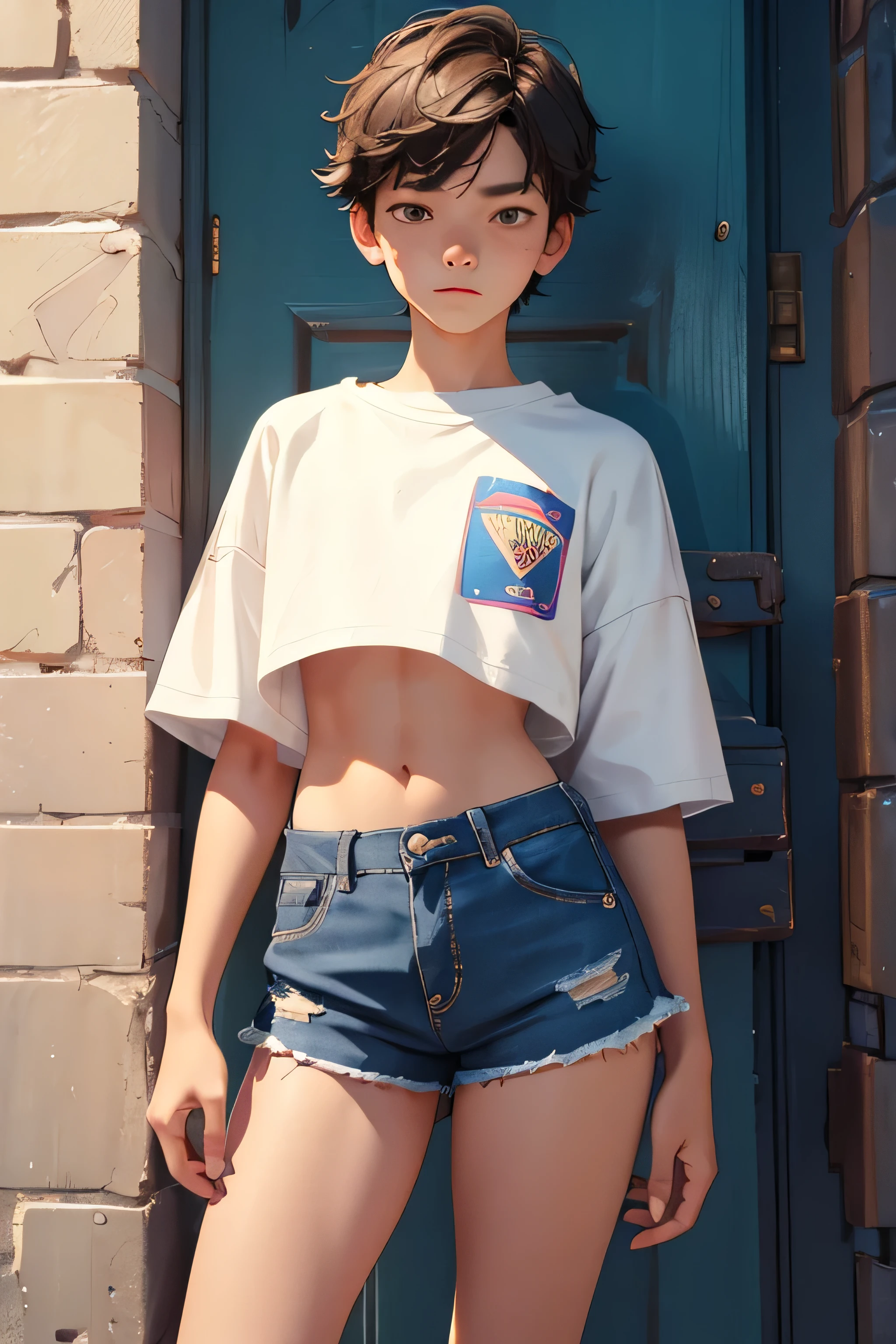, boy wears a crop shirt and too very short mini shorts, beautiful legs, hot summer, highest quality,