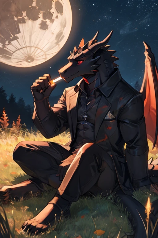 A black dragon (with some red) looking at the moon while sitting on grass and smoking
