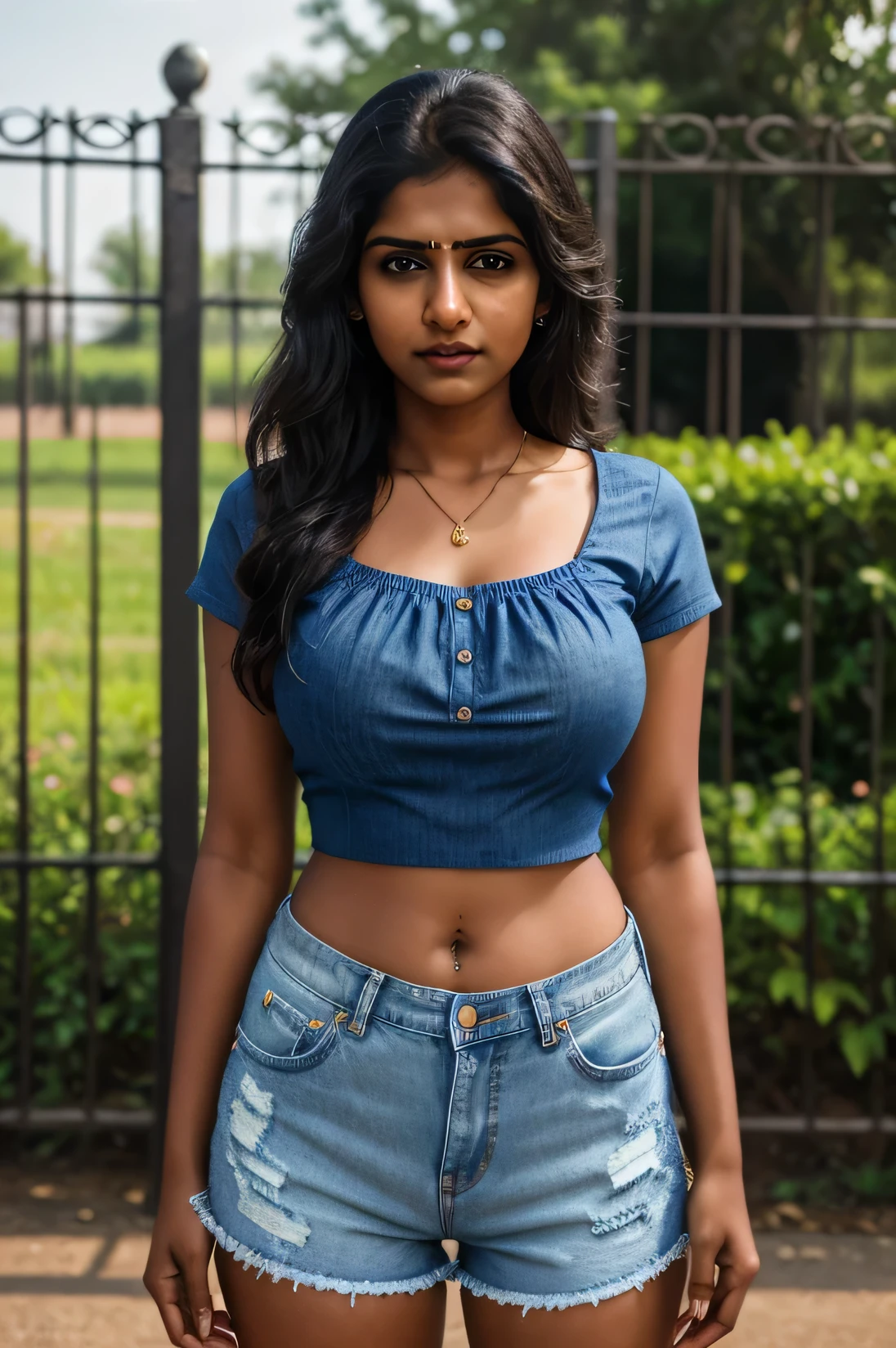 Tamil girl, 25yo, standing in front of a iron fence wearing a blue top and denim shorts with her hands on her hips, perfect 5 fingers, biting her lips, threatening look, k HDR, DSLR, soft lighting, high quality, film grain, Hyperrealism, hyper realistic, detailed face, realistic eyes,
