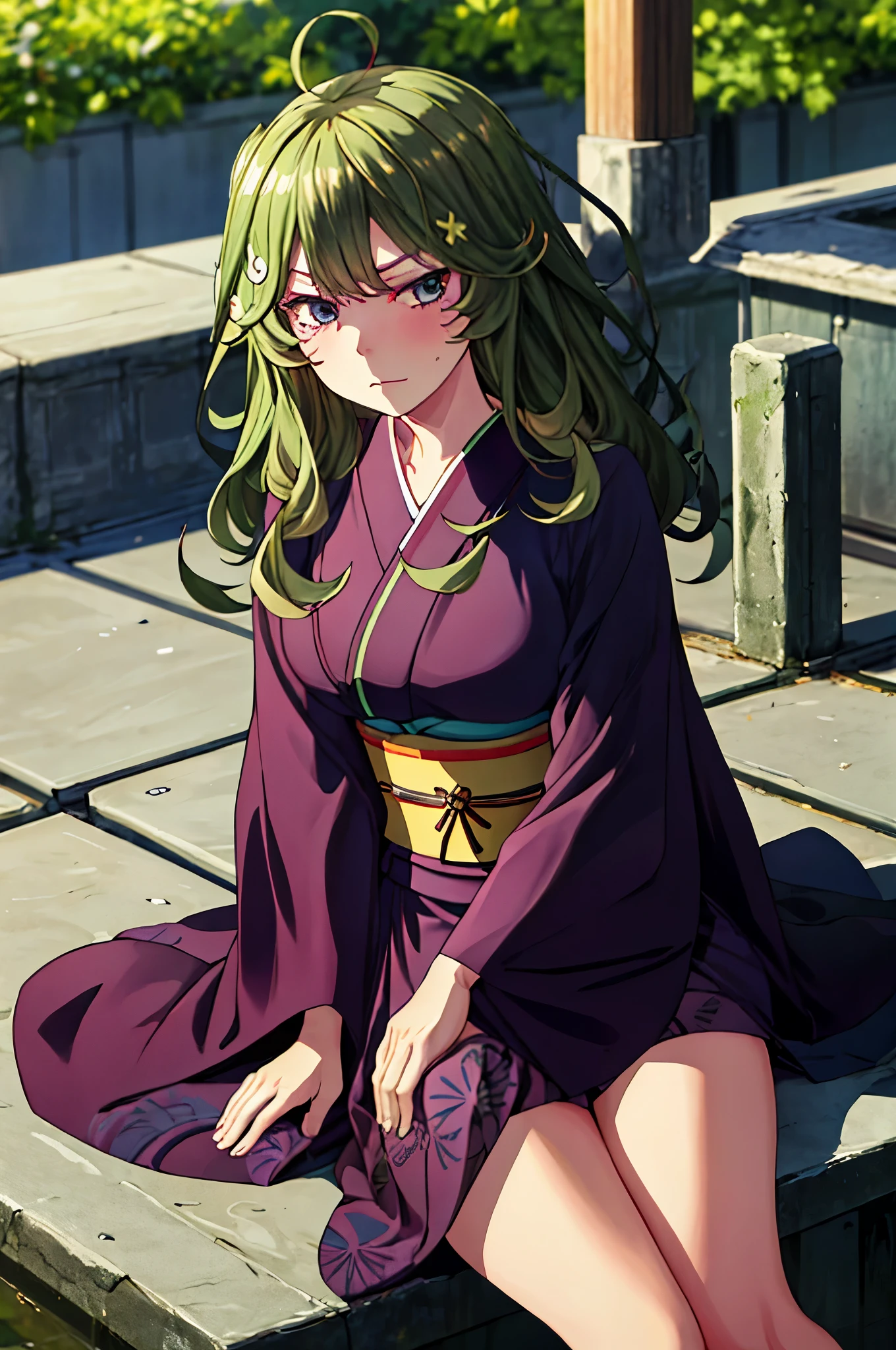 (Masterpiece, Best Quality:1.2), solo, 1girl, tatsumaki, unamused, closed mouth, looking a viewer, hand on our face, sitting, Short black kimono ,big thighs,crossing leg