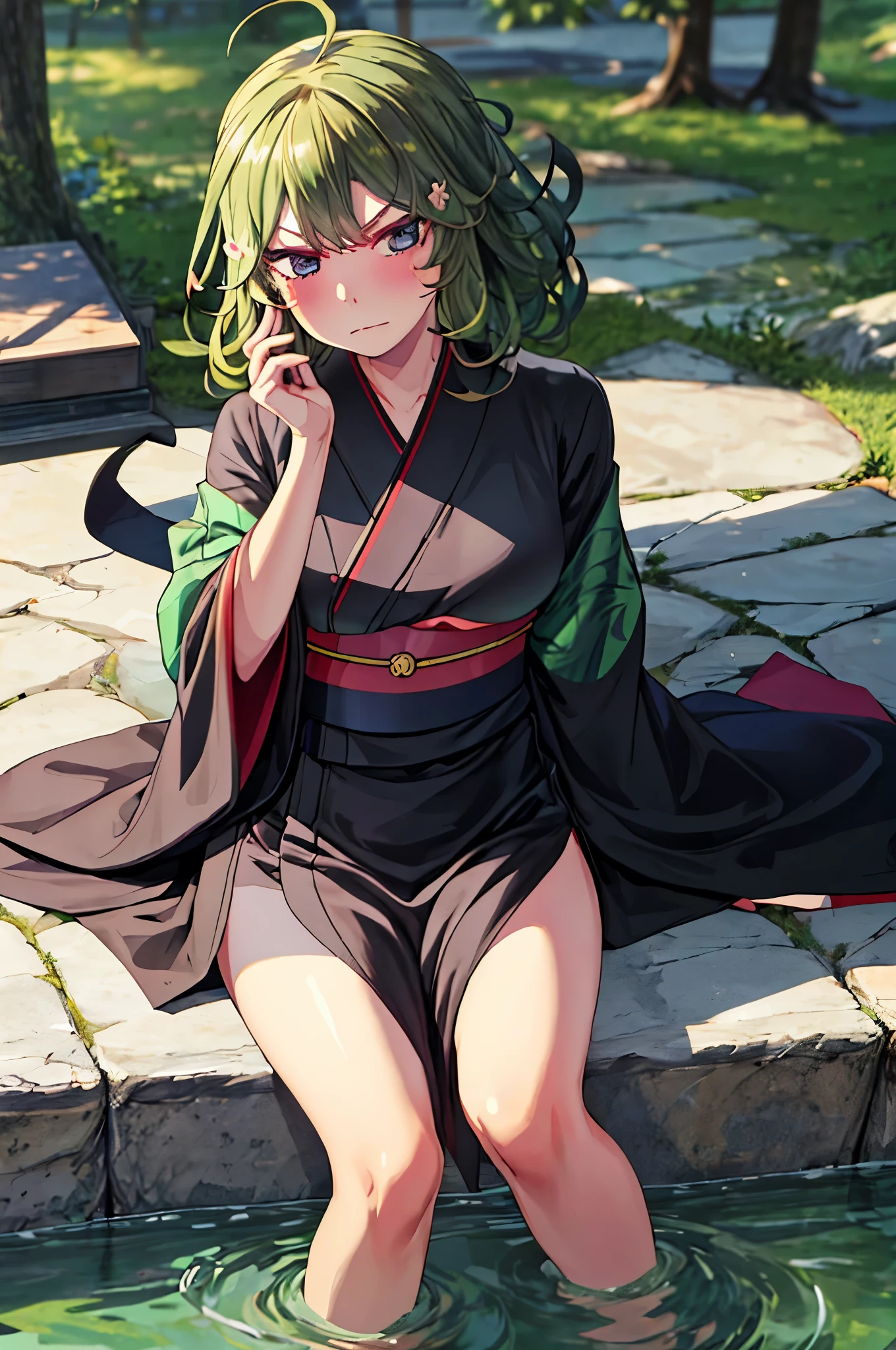 (Masterpiece, Best Quality:1.2), solo, 1girl, tatsumaki, unamused, closed mouth, looking a viewer, hand on our face, sitting, Short black kimono ,big thighs,crossing leg