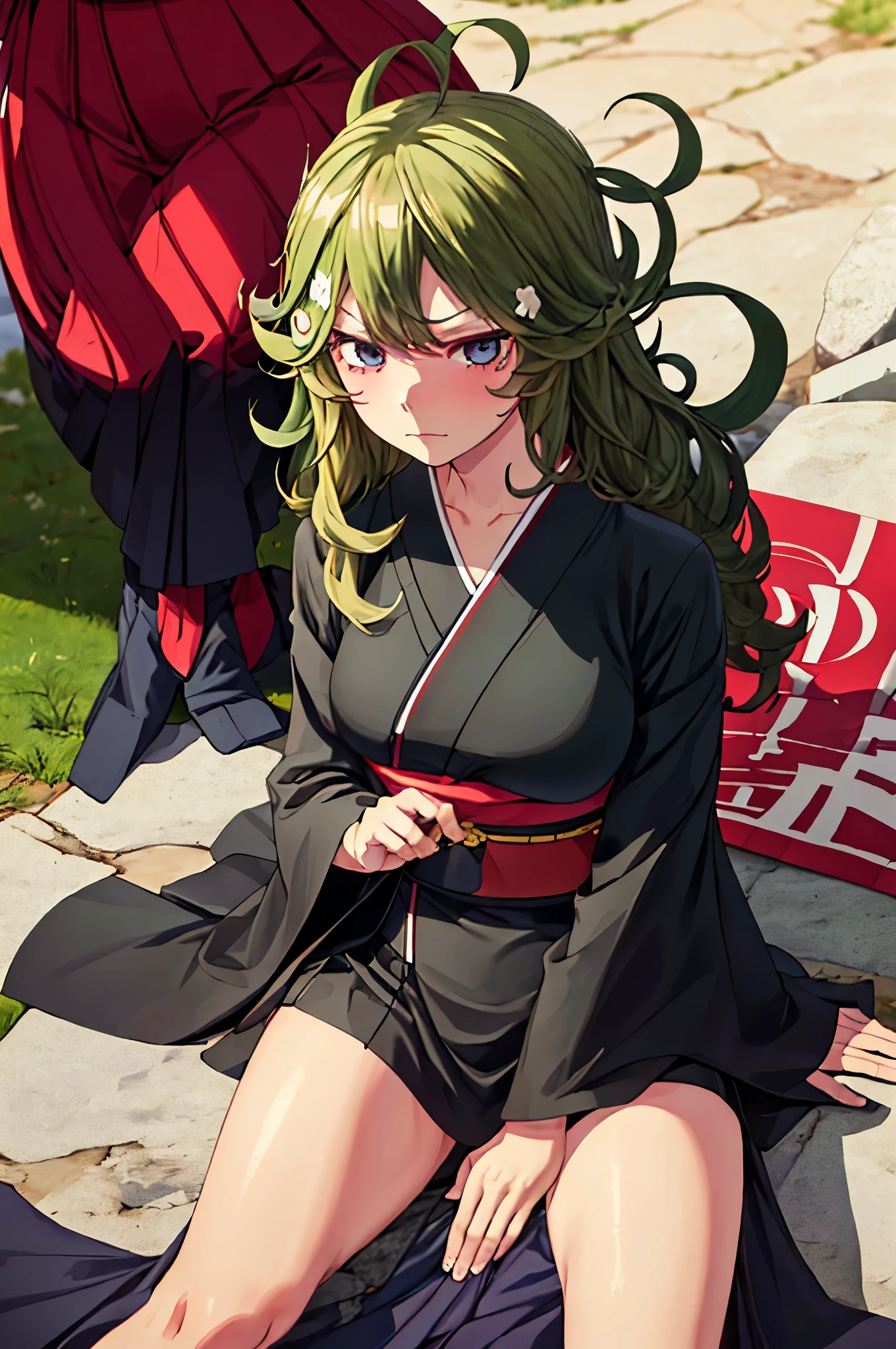 (Masterpiece, Best Quality:1.2), solo, 1girl, tatsumaki, unamused, closed mouth, looking a viewer, hand on our face, sitting, Short black kimono ,big thighs,crossing leg