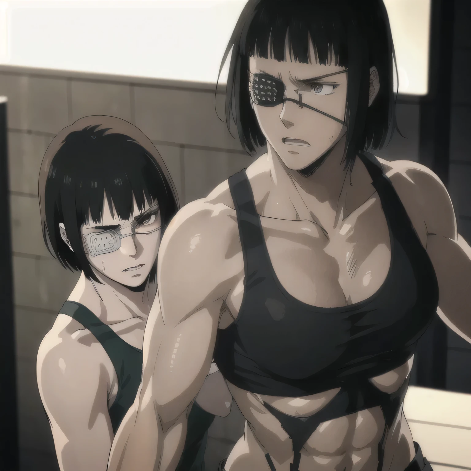 (best quality,ultra-detailed,realistic:1.37),musclaur military badass girl with sculpted body have a tattoos,wearing male underwear and tank top, full review of the female character's face and body, intense expression, strong and confident posture, studio lighting, vivid colors, physiologically-based rendering, grungy texture, rugged background, dust particles in the air, commanding presence, professional, powerful, gritty aesthetics,,Valmet،short hair,eyepatch,back from gym,Sweat,training,fight positions,showing all body,training in woods,romantic kissing,