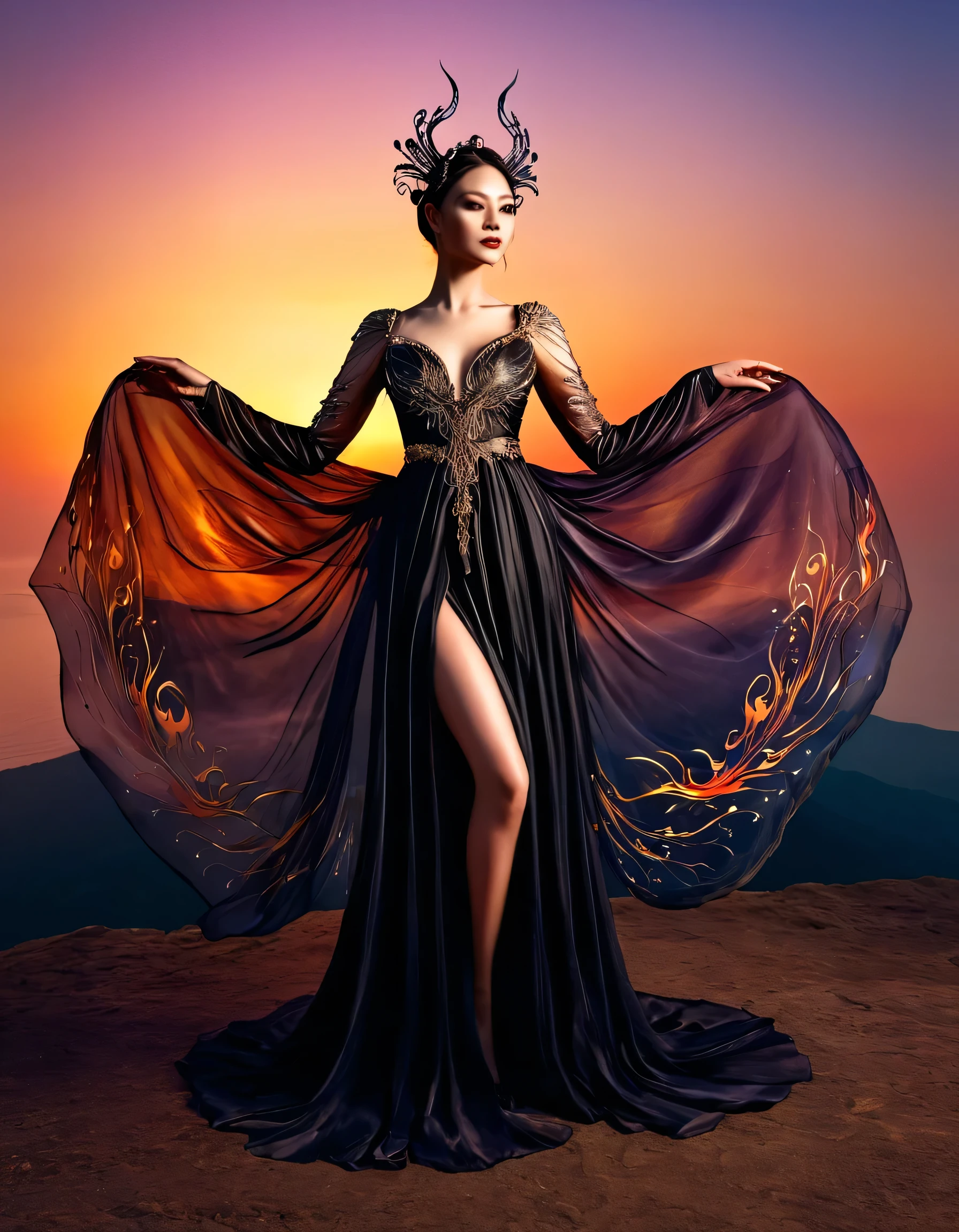 Full body shot of a fairy queen of darkness, elegant, with wings that seem made of fire. Pearly silk clothing, with delicate shapes that represent flames. Semi-transparent sleeves, sunset background, enchanting, conveying a feeling of magic and dreams, ethereal illustration, theme: Enchanted Fantasies, masterpiece, award --q 2 --s 500 --ar 16:9 --35 mm lens HDR --no text 8k –v 5.2 --style raw