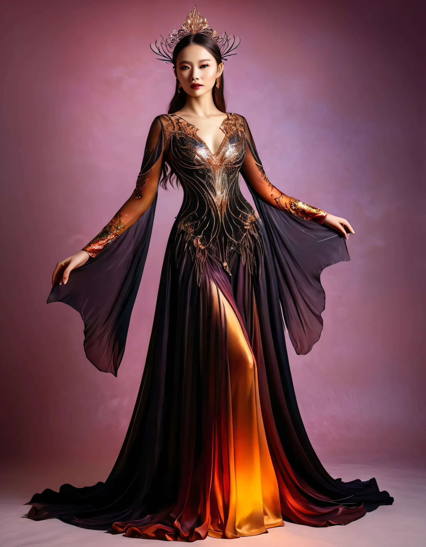 Full body shot of a fairy queen of darkness, elegant, with wings that seem made of fire. Pearly silk clothing, with delicate shapes that represent flames. Semi-transparent sleeves, sunset background, enchanting, conveying a feeling of magic and dreams, ethereal illustration, theme: Enchanted Fantasies, masterpiece, award --q 2 --s 500 --ar 16:9 --35 mm lens HDR --no text 8k –v 5.2 --style raw