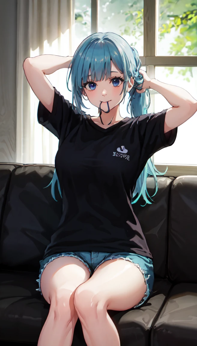 photorealistic, (4k), depth of field, (Masterpiece), (realistic skin texture), extremely detailed, intricate, hyper detailed, professional photography, bokeh, high resolution, sharp detail, best quality, girl, long hair, aqua hair, blunt bangs, blue eyes, dynamic pose, black baggy graphic tshirt, dolfine shorts, booty shorts, beautiful thighs, colarbone, indoors, (facing viewer), looking at viewers, large breasts,kasumi, miwa, kasumi miwa, downblouse, mouth slightly open, smiling, hourglass shape, black shirt, 3\4 body shot, sitting cross legged on couch, legs crossed, arms up, hands on head , hair tie in mouth, ponytail, hair tie, tying hair back, large hair tie hanging from mouth