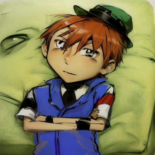 a close up of a cartoon boy with a hat and a blue shirt, inspired by Junpei Satoh, inspired by Un'ichi Hiratsuka, inspired by Sadamichi Hirasawa, inspired by Jamie Hewlett, inspired by Ryuzaburo Umehara, toru narita, inspired by Yumihiko Amano, inspired by Yukihiko Yasuda