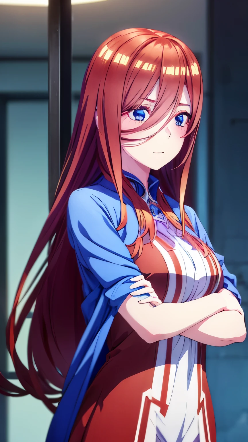 1girl,Miku nakano, sexy, detailed brown hair, beautiful detailed blue eyes, pinkish white skin, blushing, beautiful detailed face, happy expression, tight red dress, busty, arms crossed , hands detailed finger by finger , looking straight ahead , Good shadows, good lighting, 8k