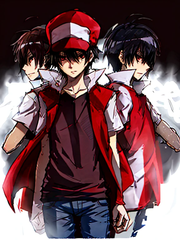 {{obra maestra}},{{Of the highest quality}},{{high resolution}},{{caustics}},{{estar familiarizado con}}, aobra maestra, Of the highest quality, Red \(pokemon\), 1 chico, original_Red, gorra roja, playera negra, Chaqueta roja, pantalones negros, A face full of murderous spirit.,、sosteniendo una masterball, cueva,