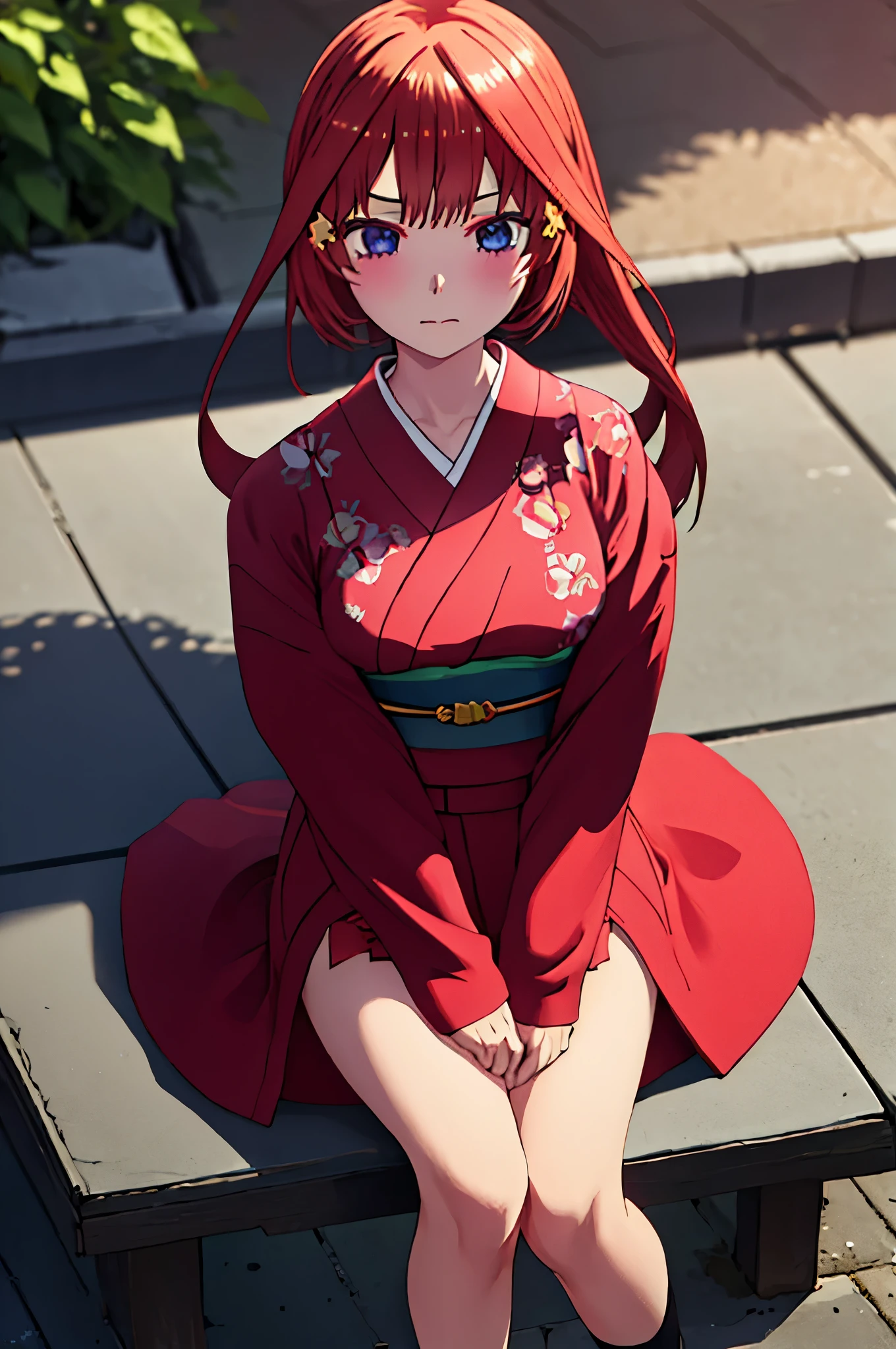 (Masterpiece, Best Quality:1.2), solo, 1girl, Itsuki  ,unamused, closed mouth, looking a viewer, hand on our face, sitting, Short black kimono ,big thighs,crossing leg