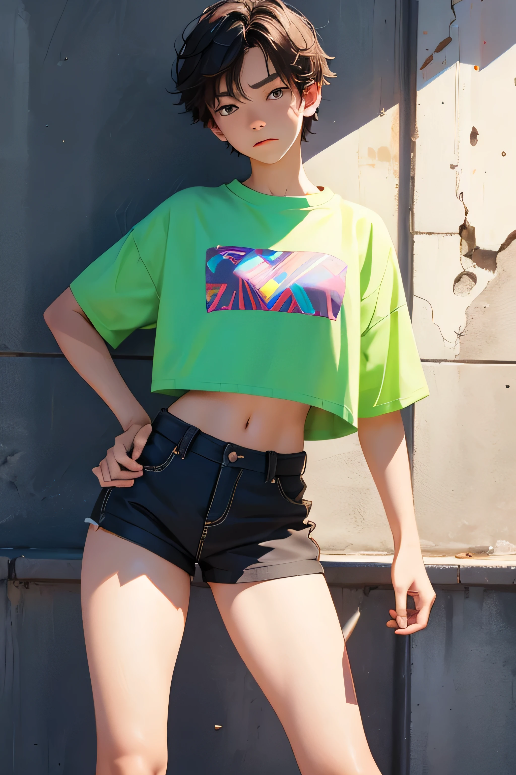 , boy wears a crop shirt and too very short mini shorts, beautiful legs, hot summer, highest quality,