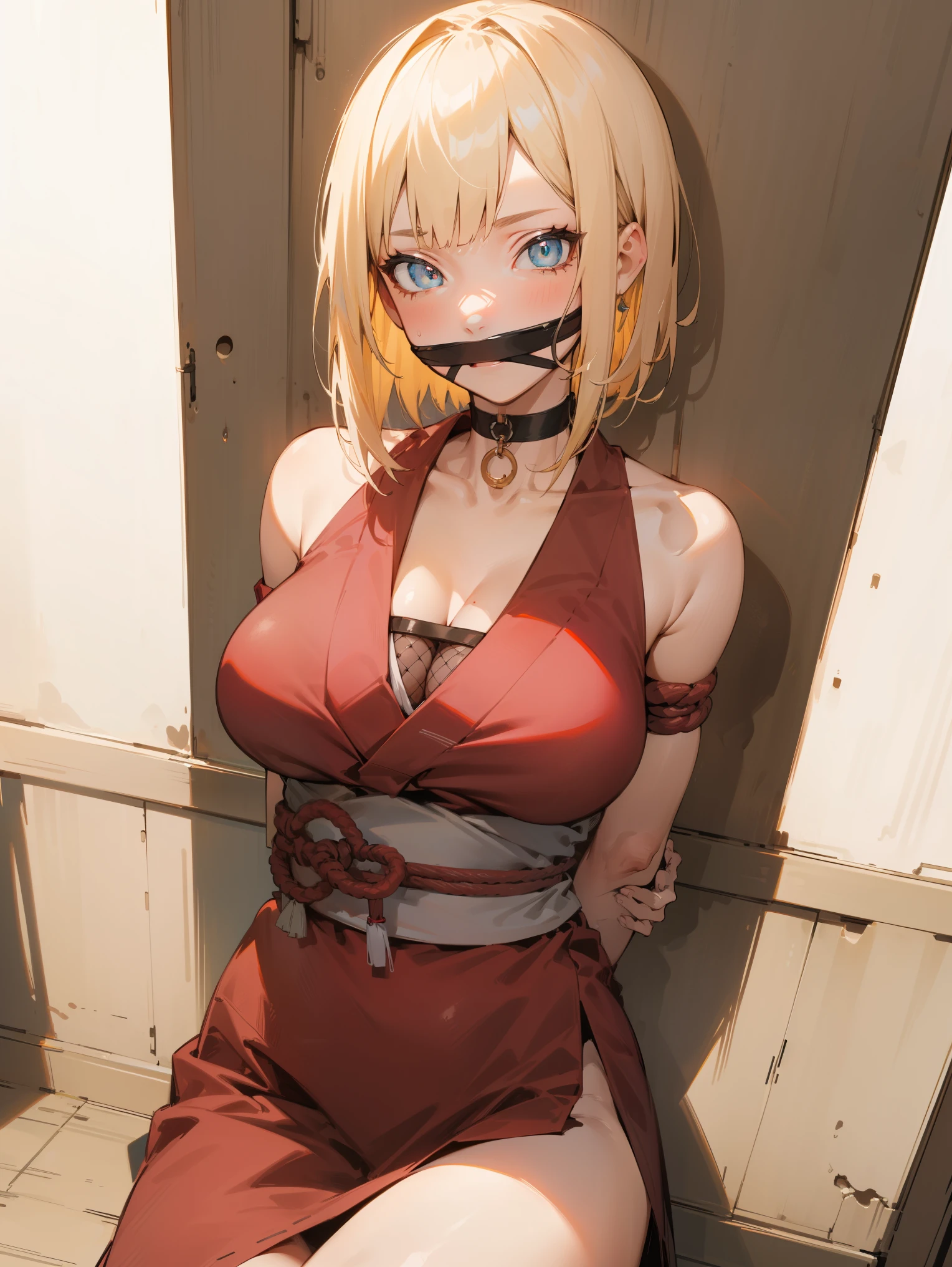 1woman,samui, choker,
BREAK (red dress,sleeveless,japanese_clothes,bare_shoulders,(Closed_clothes):1.2),
BREAK NSFW, ,bondage、BDSM、gag、Gagged、solo、ropes、Improvisational gags, Detained, arms behind back, looking at viewert, bind, tied arms, tied legs,
BREAK (masterpiece:1.2), best quality, high resolution,NSW ,unity 8k wallpaper, (illustration:0.8), (beautiful detailed eyes:1.6), extremely detailed face, perfect lighting, extremely detailed CG, (perfect hands, perfect anatomy),