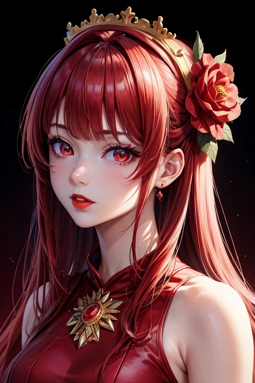 (masterpiece),(highest quality:1.0), (Ultra-high resolution:1.0), Detail view, 8k, anime, One girl, beautiful anime girl, Wearing a red dress, Flower Crown, Pretty face, Detailed face, Beautiful Eyes, Fine grain, Dark red eyes, Bright red lips, Red lipstick, Beautiful and stylish hair, Hair highlights, bangs anime style, highest quality, Vibrant